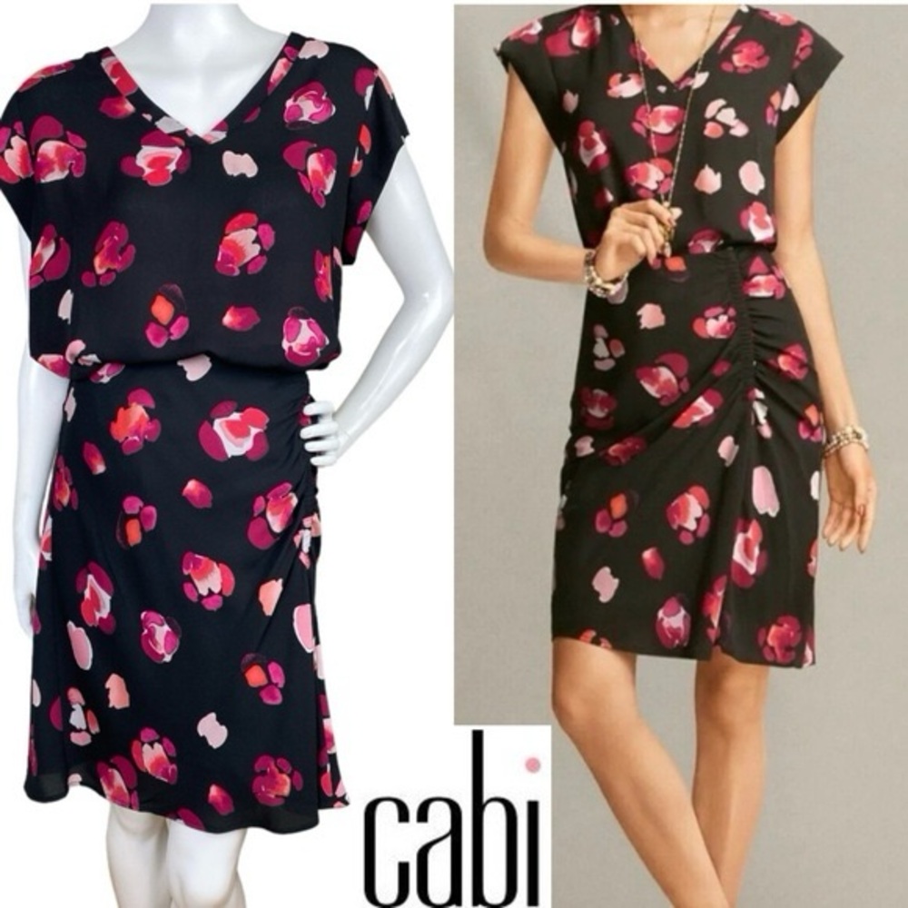 CAbi Petal 2 Piece Set Blouse & Skirt Size M Womens Black Pink Floral V-Neck Top
